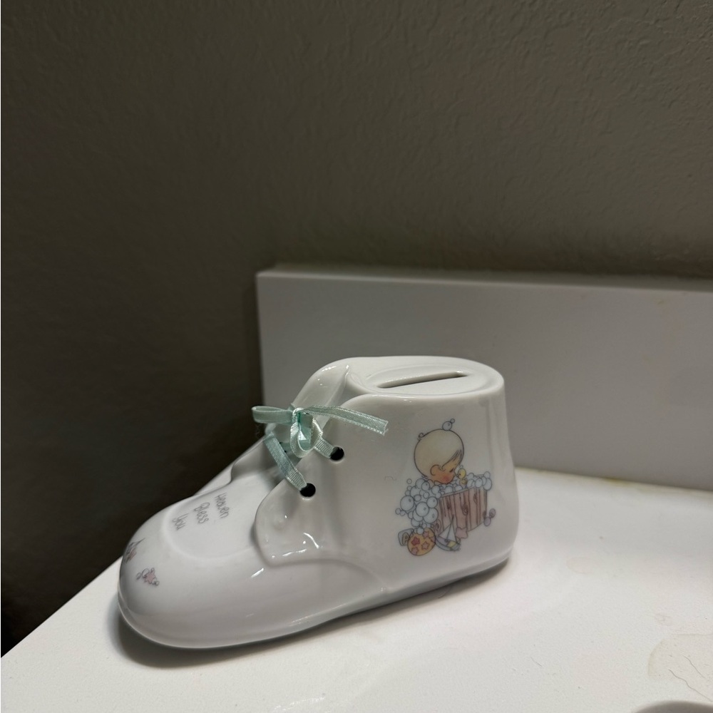 Vintage Precious Moments White Baby Shoe Bank with Mint Bow